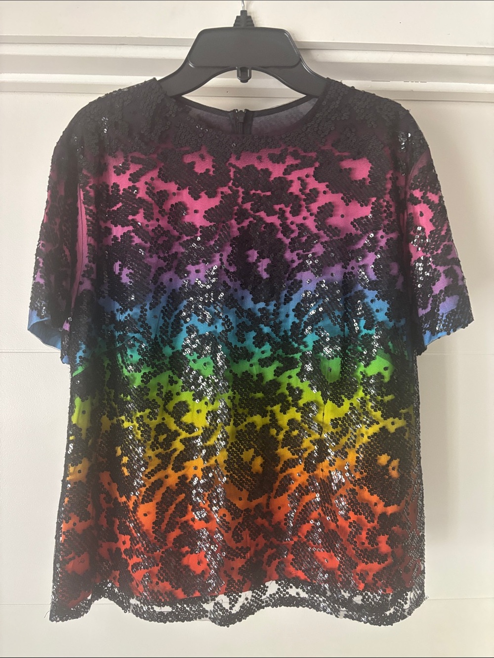 Christopher Kane Black Sequin Rainbow Ombre Short Sleeve Top UK12